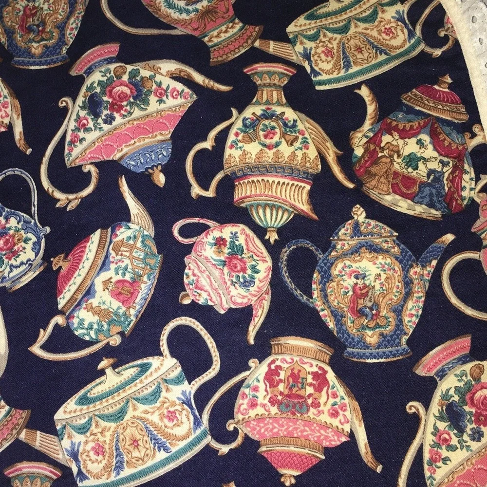 Fabric Kitchen Placemat of Vintage Teapots  Navy w Cream Lace Trim